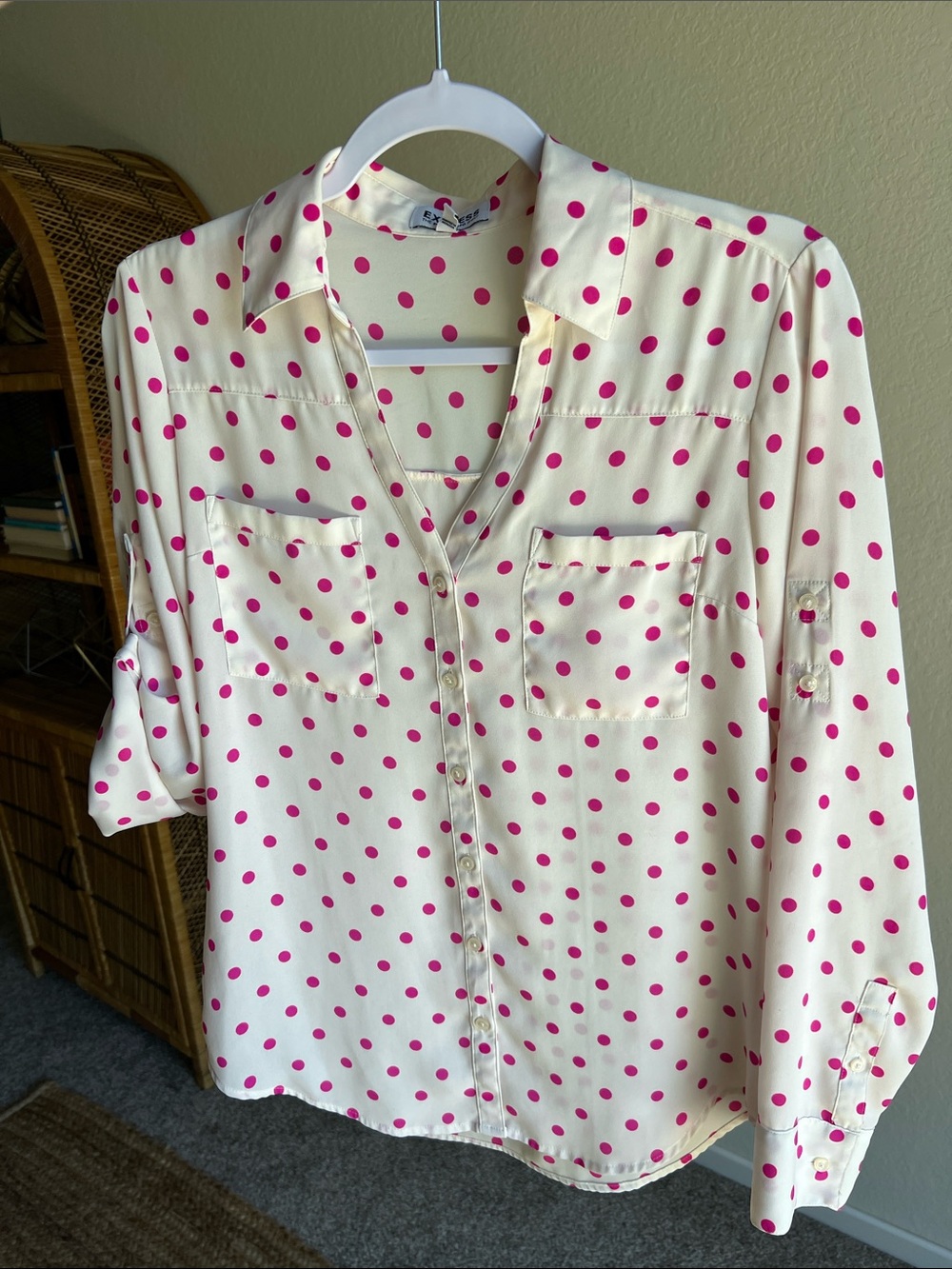 Express White Button-Up Shirt with Hot Pink Polka Dots